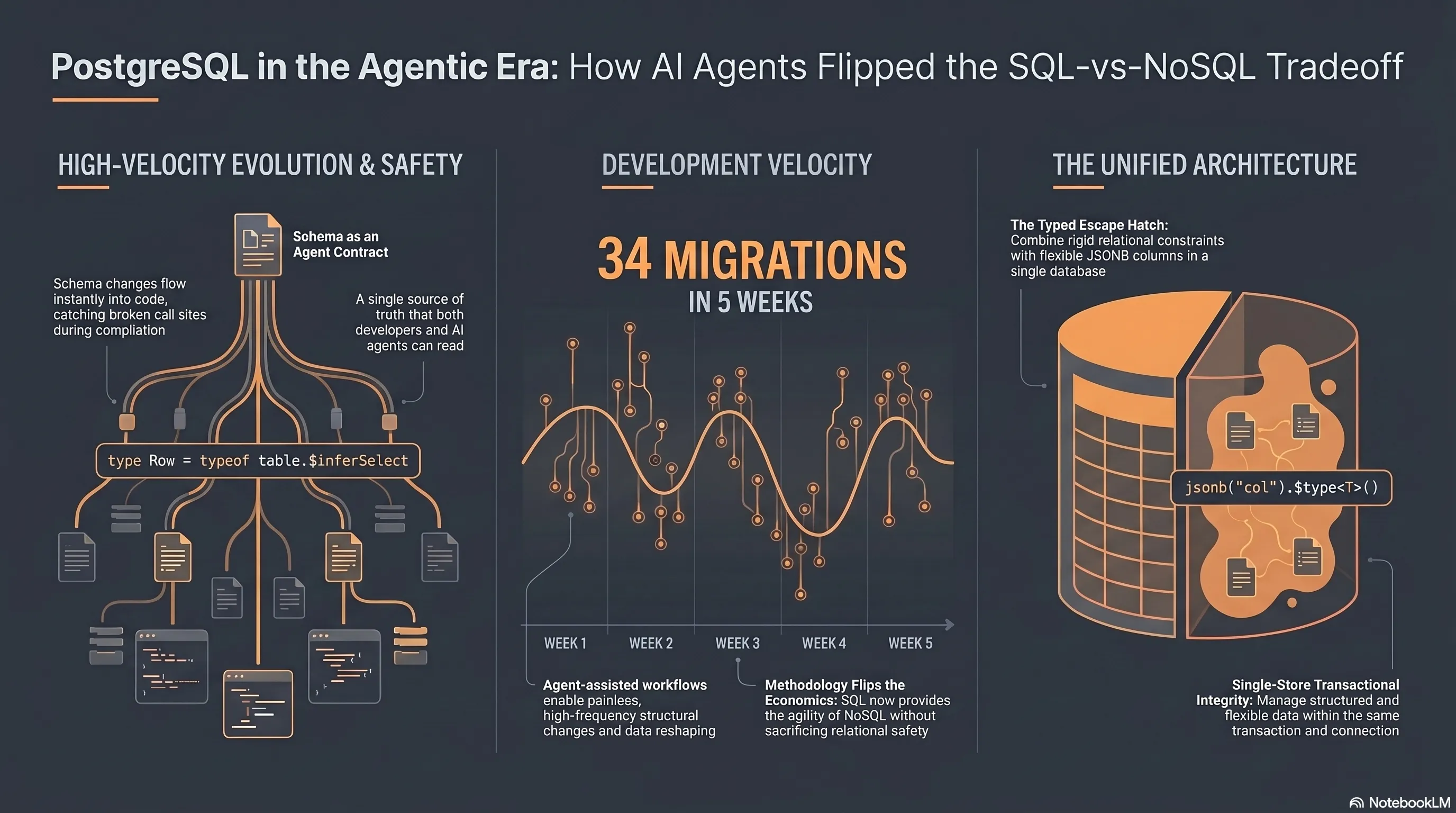 PostgreSQL in the Agentic Era: three panels — schema as agent contract with type propagation, 34 migrations in 5 weeks across a velocity timeline, and a single database combining relational columns with typed JSONB